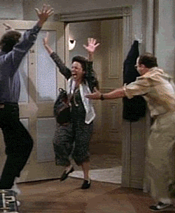 jerry, elaine and george are excited to see each other