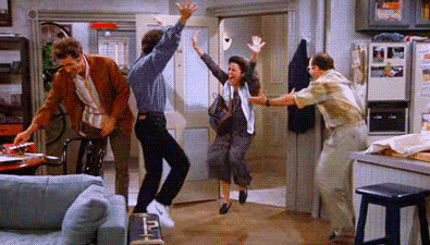 Short video loop of 4 adults from the show Seinfeld doing a celebratory looking dance with fast feet and hands in the air. From Giphy. Celebrate your SEO wins for your therapy business with Simplified SEO Consulting